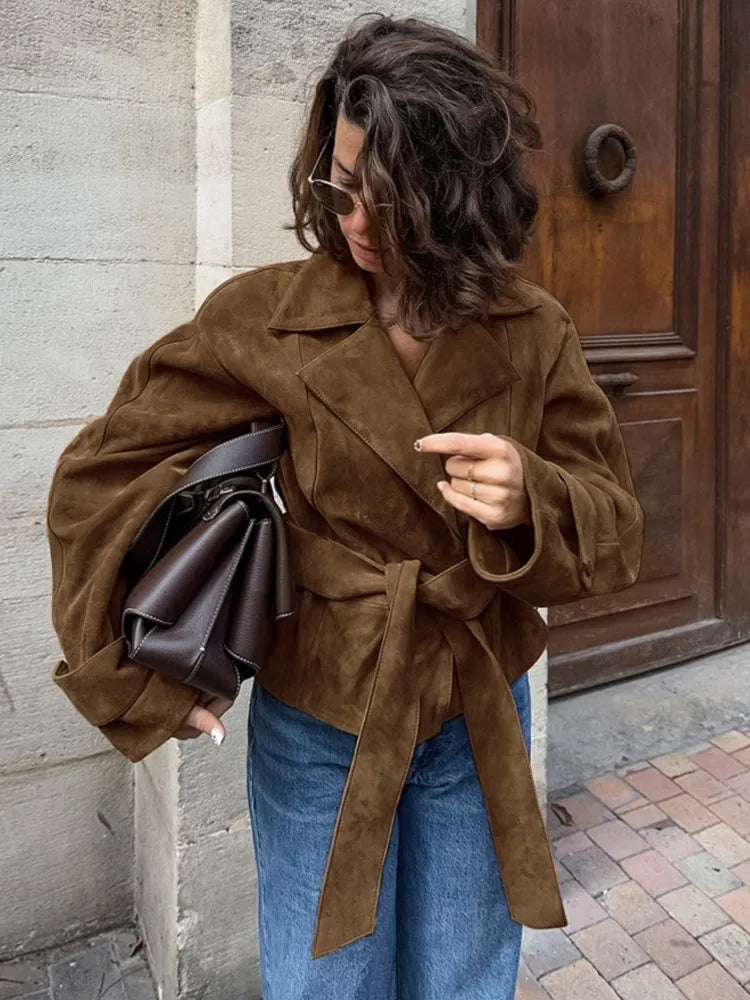 Brown Suede-Like Wrap Jacket - Leah Partow