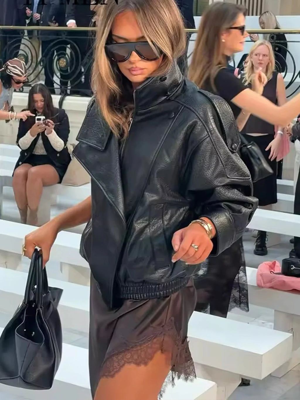 Oversized Faux Leather Stand Collar Jacket - Leah Partow