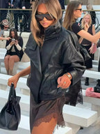 Oversized Faux Leather Stand Collar Jacket - Leah Partow