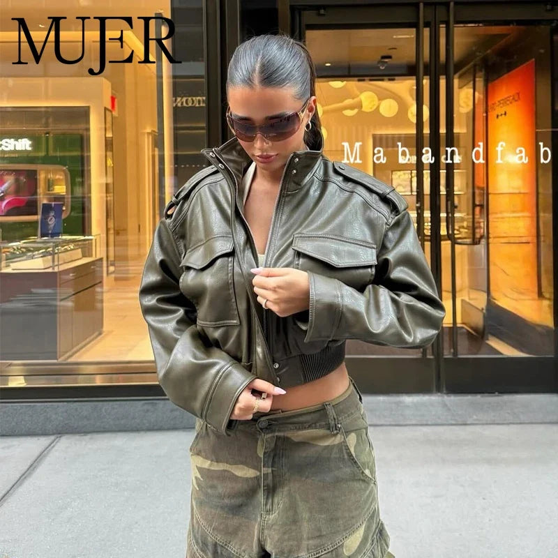 Cropped Faux Leather Bomber Jacket - Leah Partow