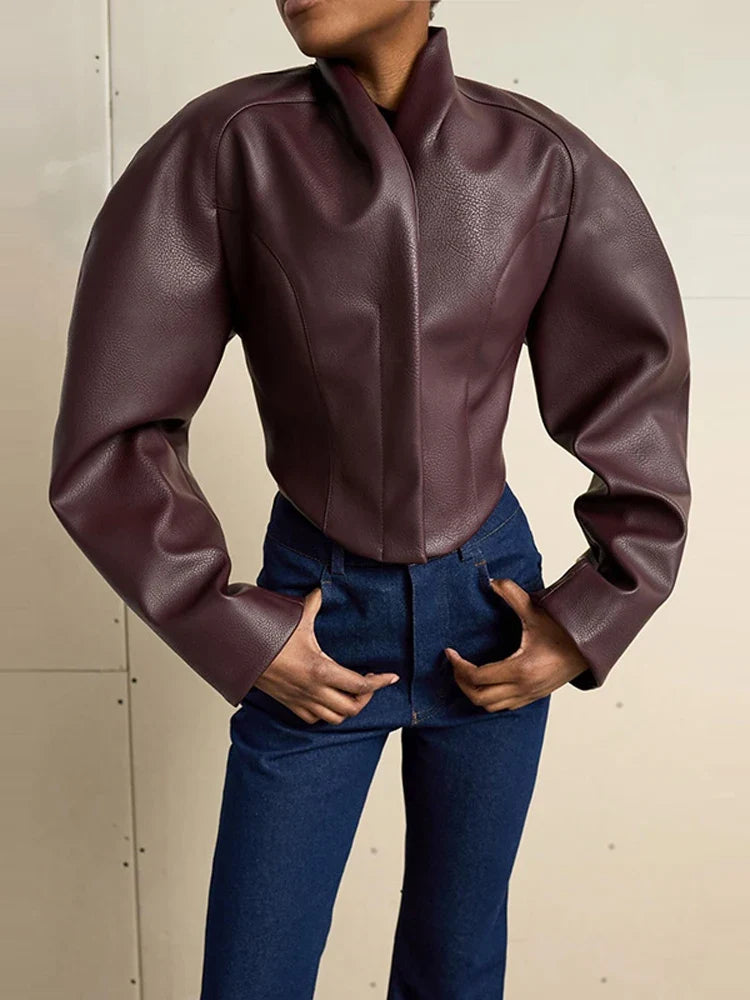 Cropped Faux Leather Stand Collar Jacket - Leah Partow
