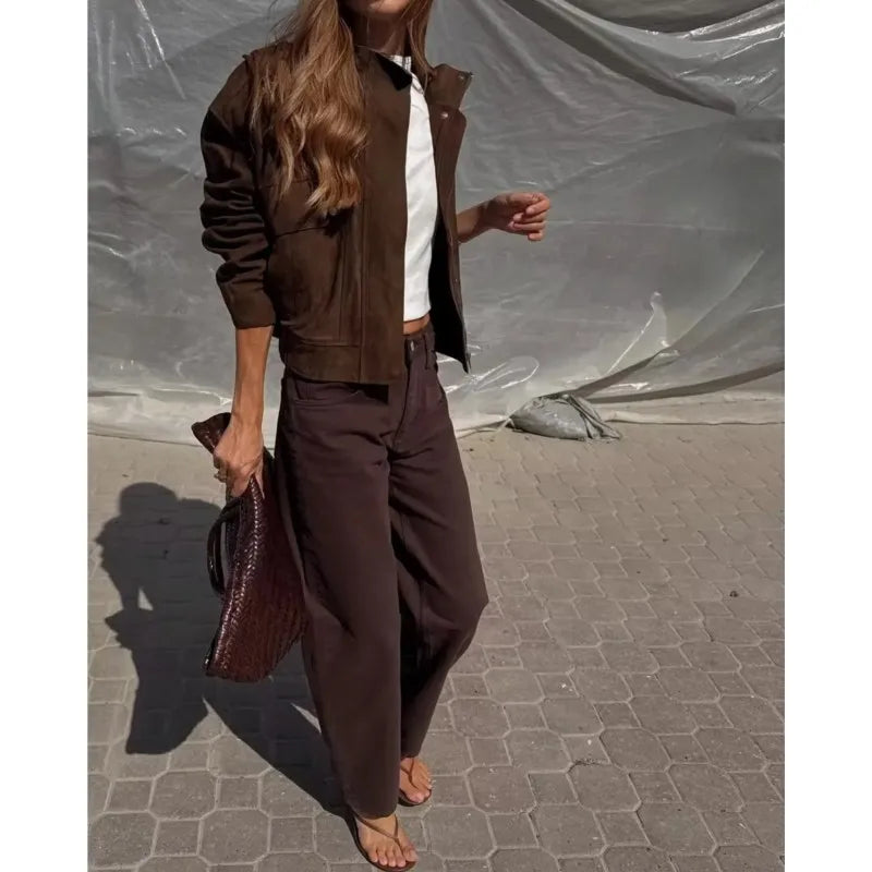 Brown Suede-Like Utility Jacket - Leah Partow