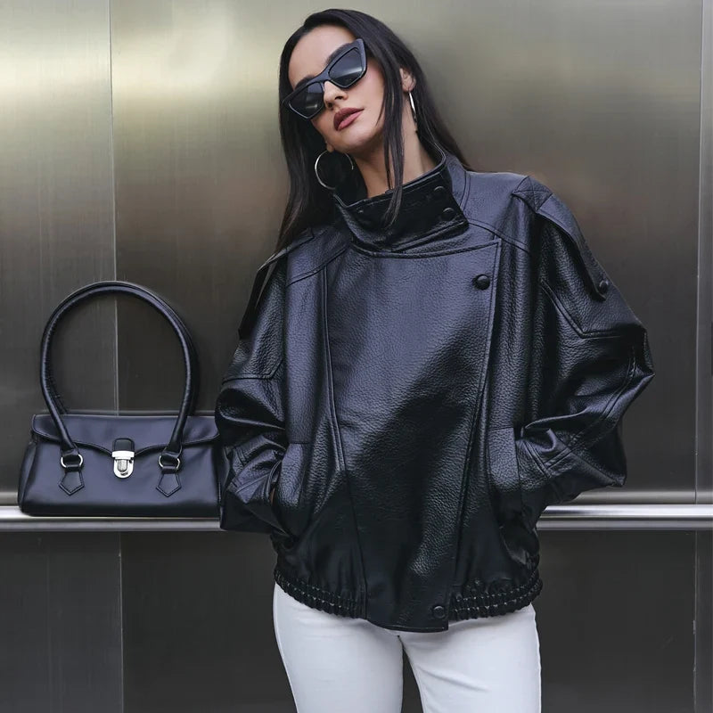 Oversized Faux Leather Bomber Jacket - Leah Partow