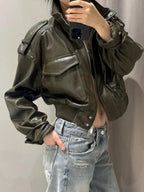 Cropped Faux Leather Bomber Jacket - Leah Partow