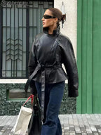 Belted Faux Leather Peplum Jacket - Leah Partow