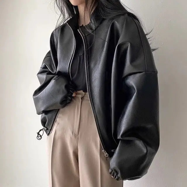 Oversized Faux Leather Bomber Jacket - Leah Partow