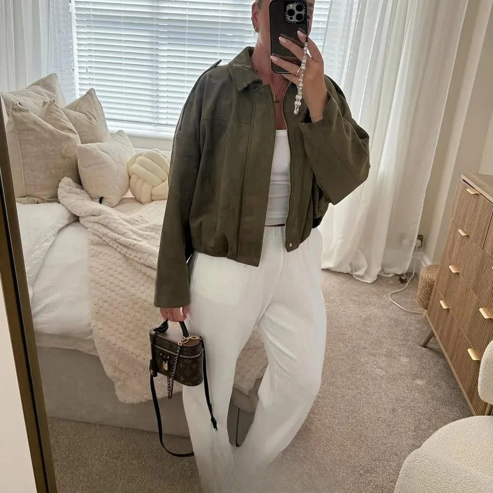 Cropped Suede-Like Bomber Jacket - Leah Partow
