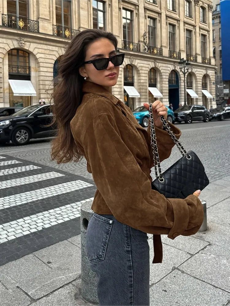 Brown Suede-Like Wrap Jacket - Leah Partow