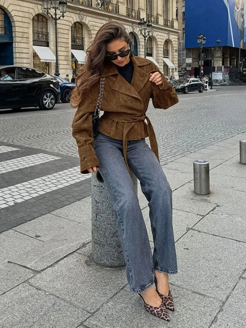 Brown Suede-Like Wrap Jacket - Leah Partow