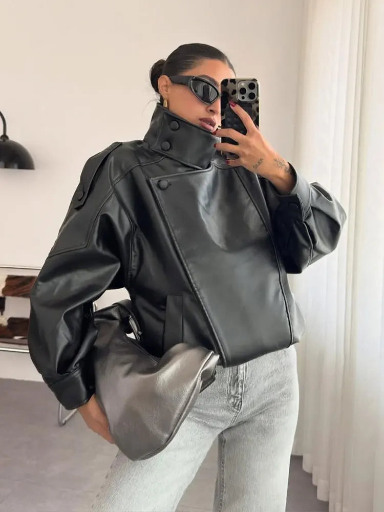Cropped Faux Leather Moto Bomber Jacket - Leah Partow