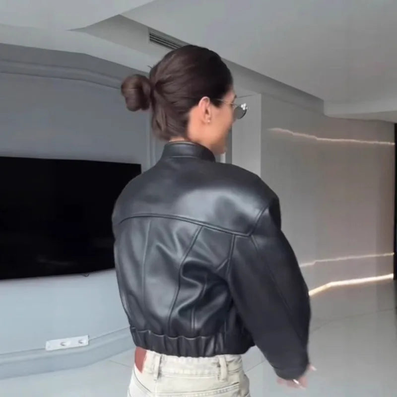 Cropped Leather-Look Bomber Jacket - Leah Partow