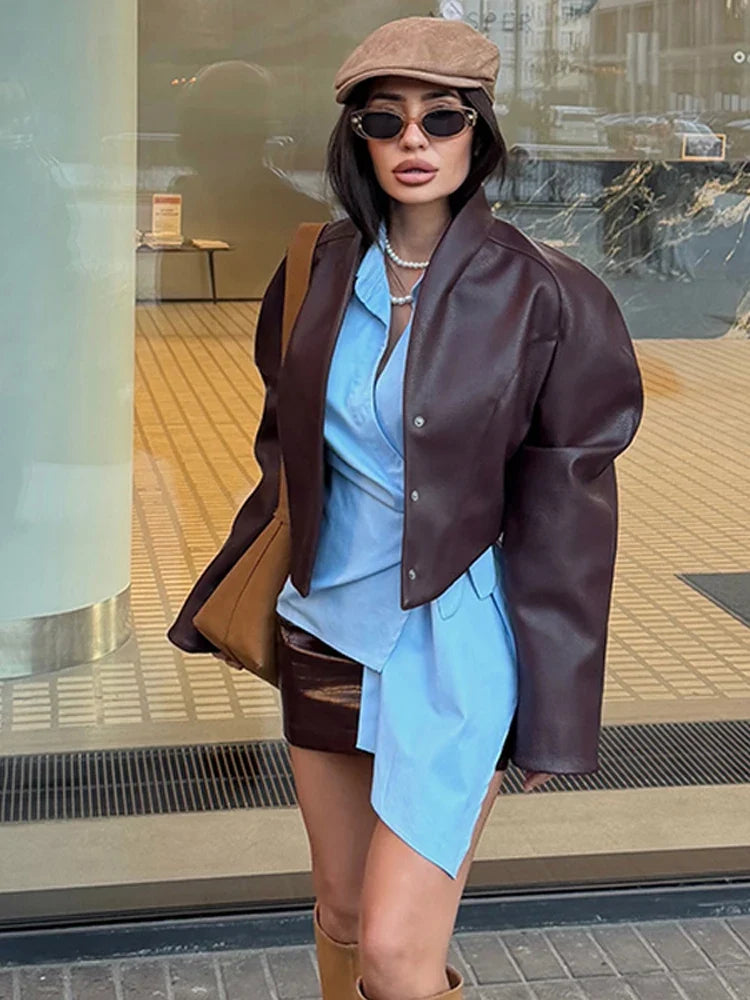 Cropped Faux Leather Stand Collar Jacket - Leah Partow