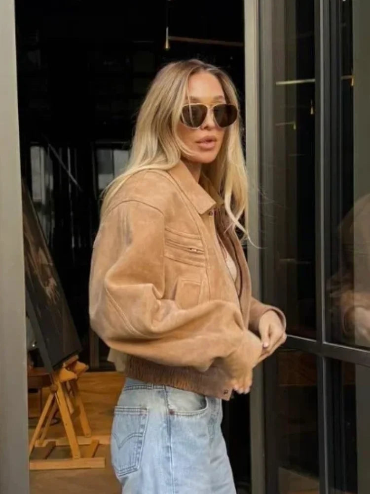 Suede-Look Cropped Utility Jacket - Leah Partow