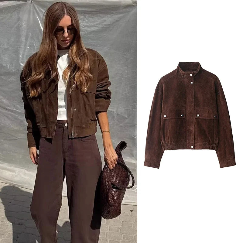 Brown Suede-Look Utility Jacket - Leah Partow