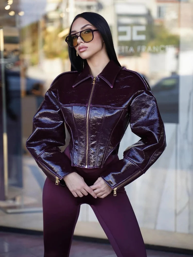 Glossy Cinched-Waist Faux Leather Jacket - Leah Partow