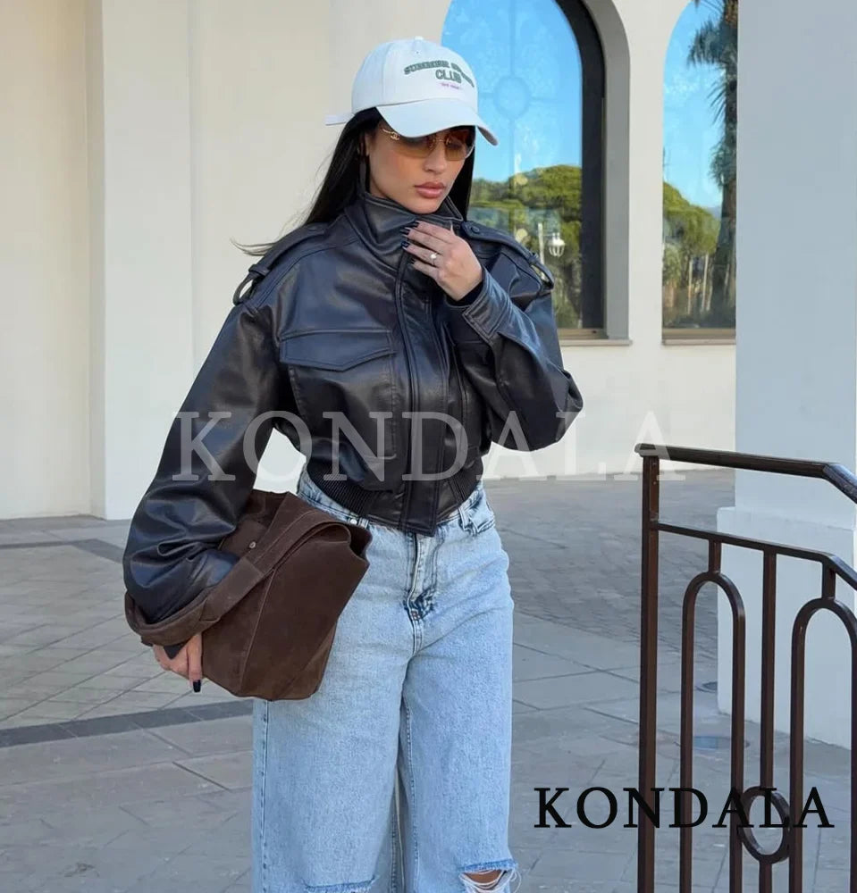 Faux Leather Utility Bomber Jacket - Leah Partow