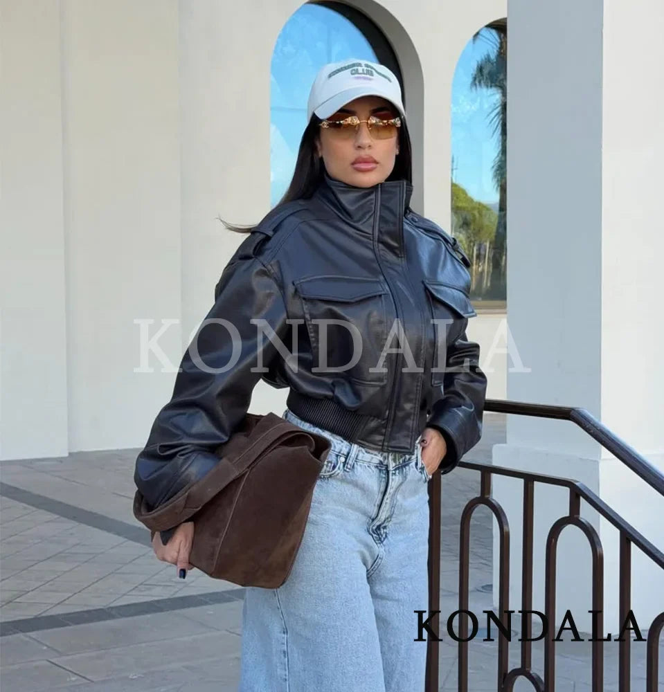 Faux Leather Utility Bomber Jacket - Leah Partow