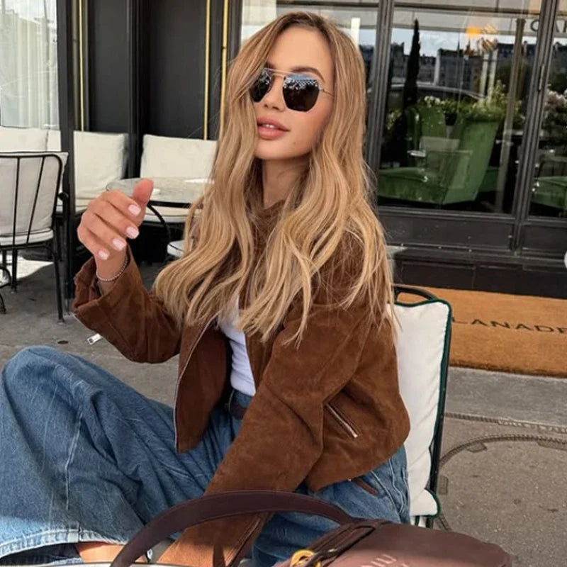 Brown Suede-Like Cropped Jacket - Leah Partow