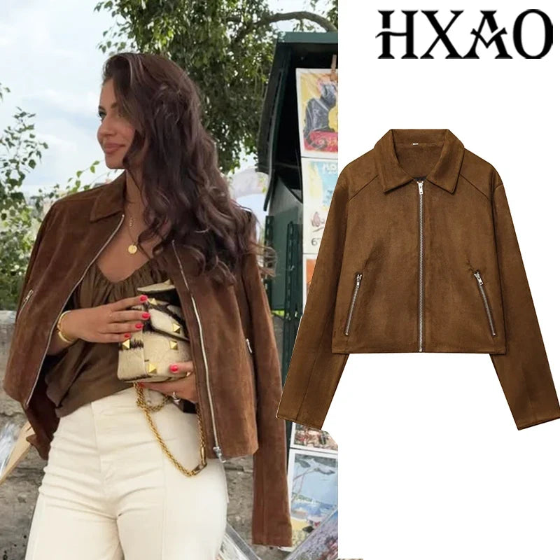 Brown Suede-Look Cropped Jacket - Leah Partow