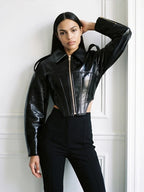 Glossy Cinched-Waist Faux Leather Jacket - Leah Partow