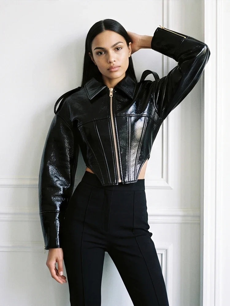 Glossy Cinched-Waist Faux Leather Jacket - Leah Partow