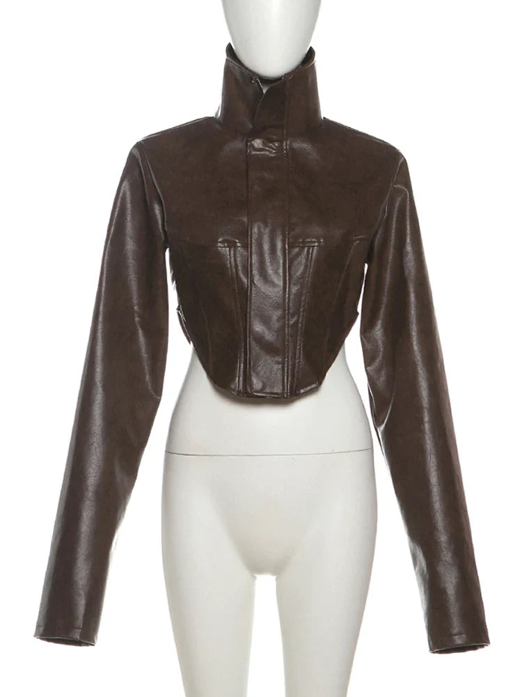 Fitted Leather-Look Crop Jacket in Black & Dark Brown - Leah Partow