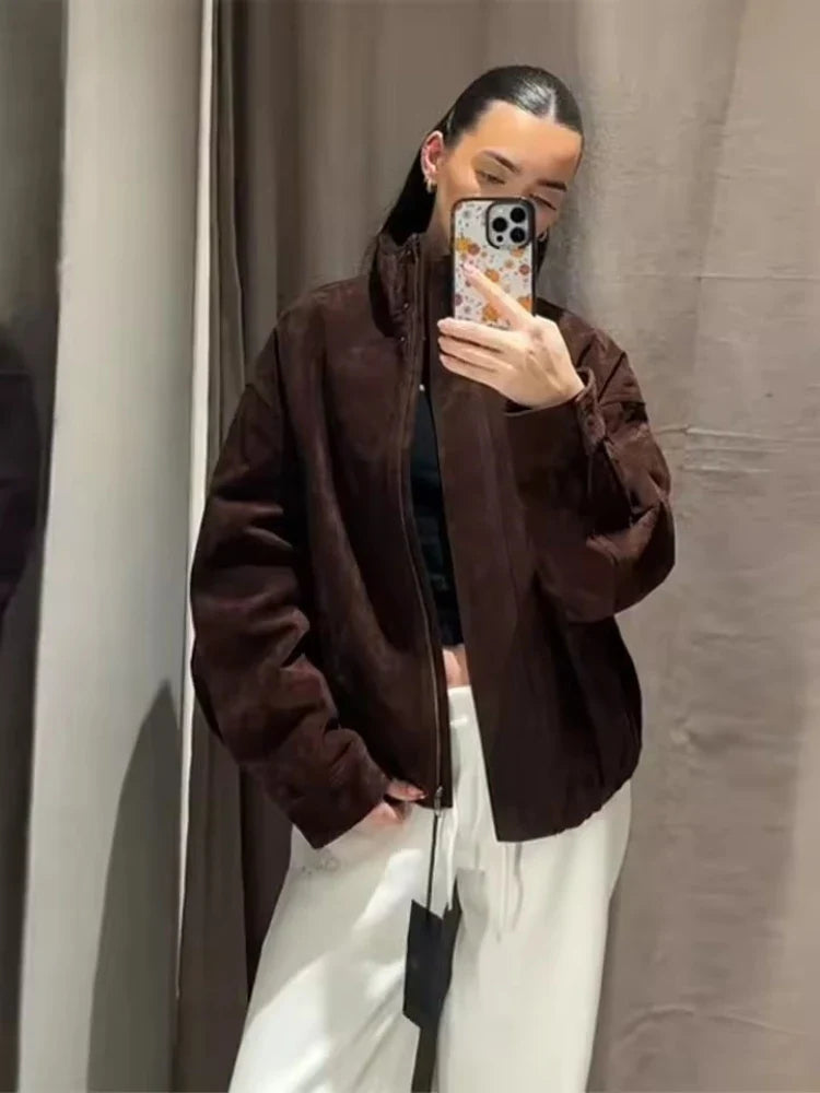 Deep Brown Suede-Like Bomber Jacket - Leah Partow