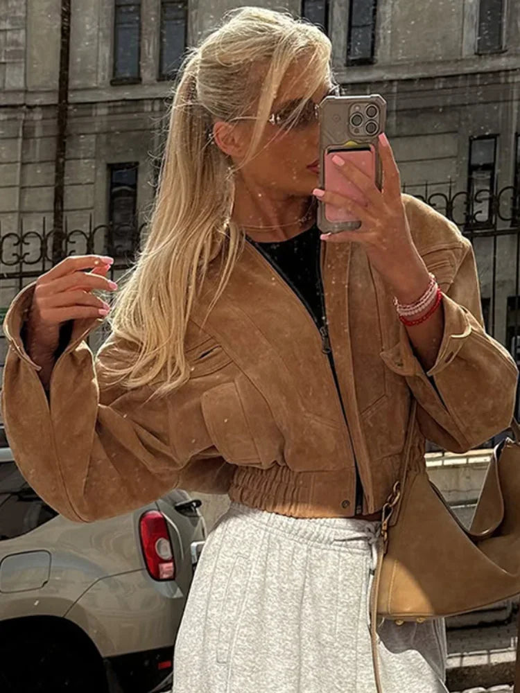Suede-Look Cropped Utility Jacket - Leah Partow