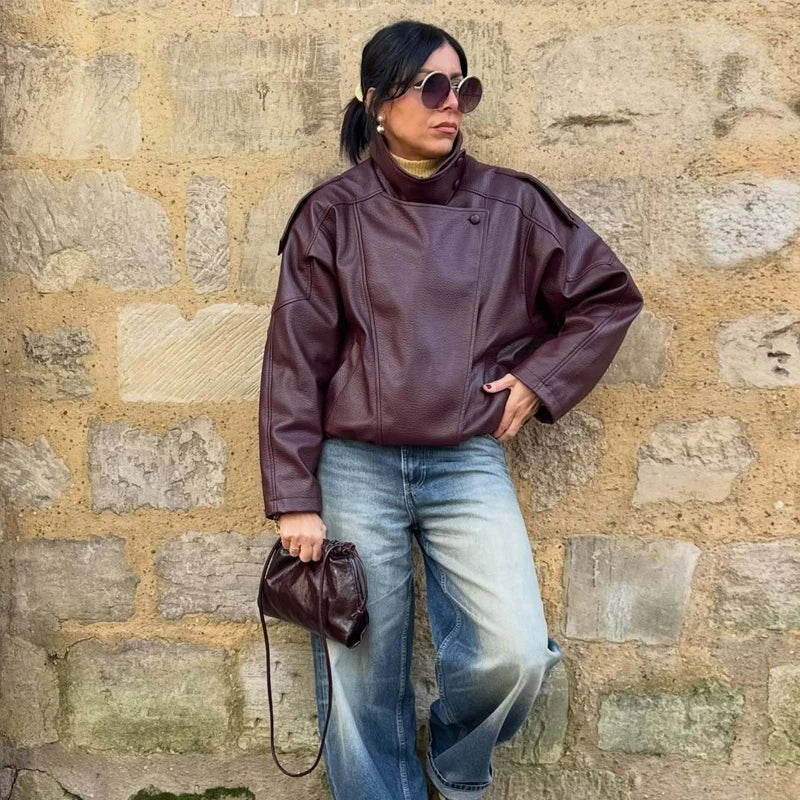 Oversized Faux Leather Snap-Front Bomber Jacket - Leah Partow