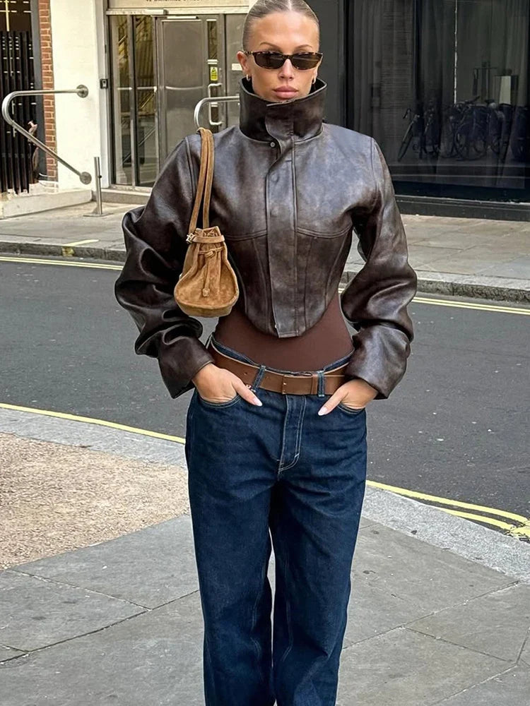 Fitted Leather-Look Crop Jacket in Black & Dark Brown - Leah Partow