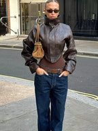 Fitted Leather-Look Crop Jacket in Black & Dark Brown - Leah Partow