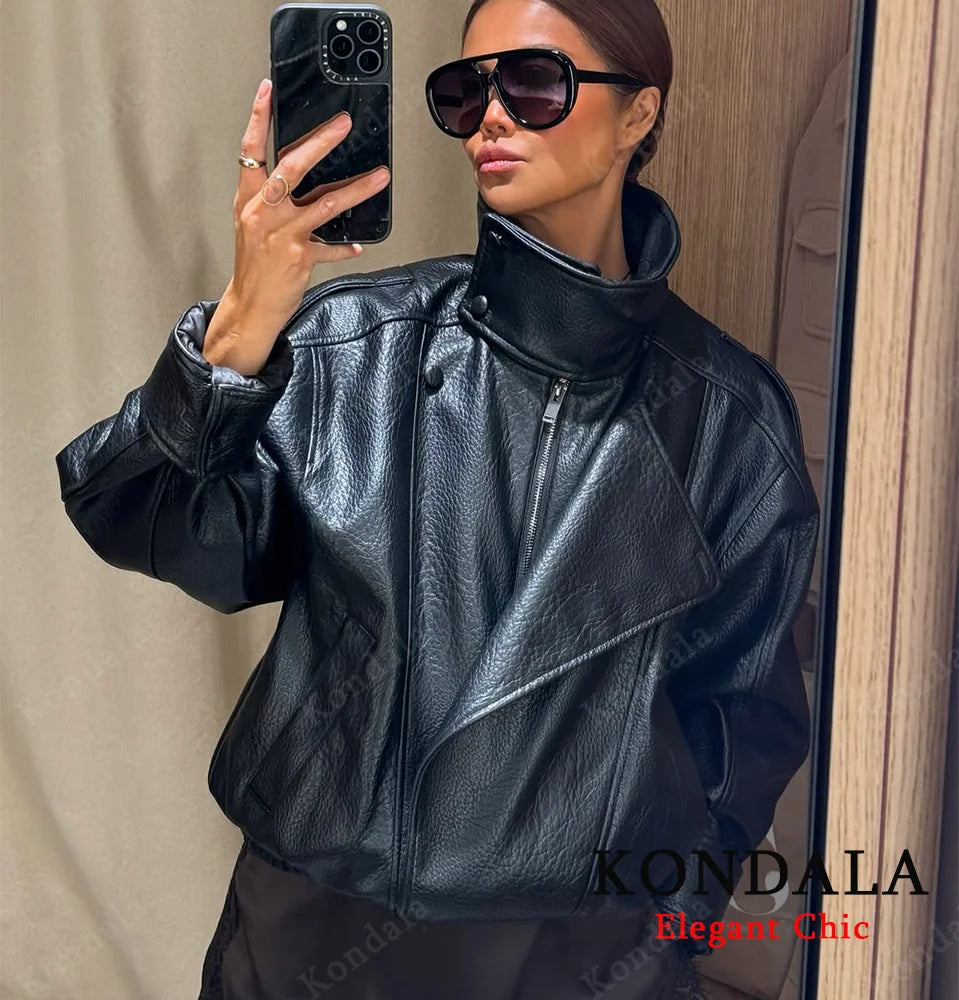 Faux PU Leather Cropped Bomber Jacket - Leah Partow