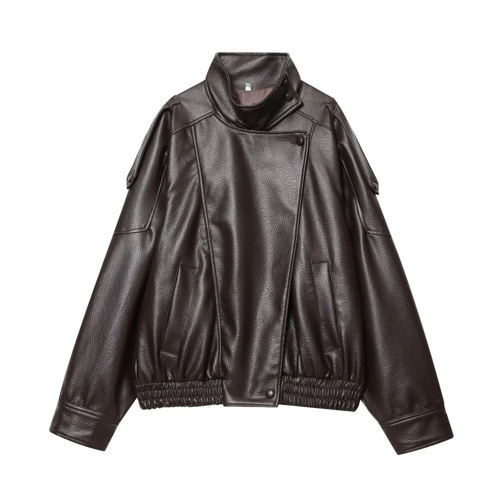 Oversized Faux Leather Stand Collar Jacket - Leah Partow