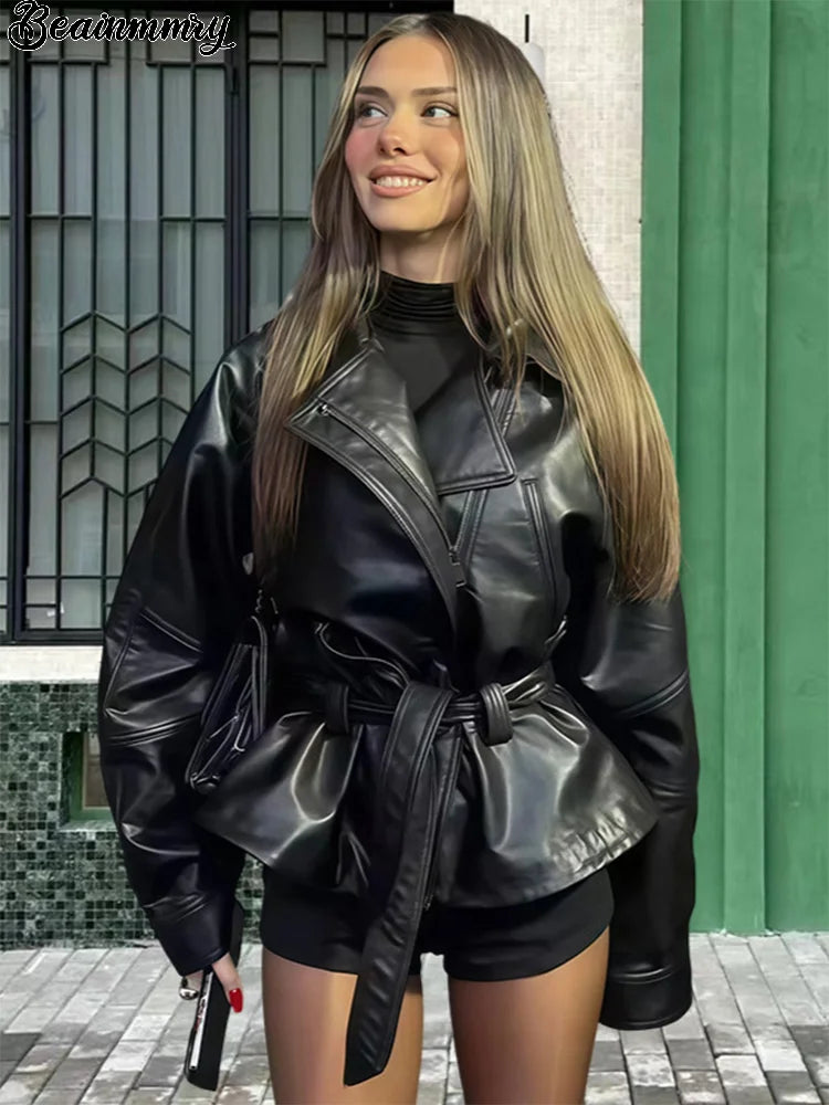 Belted Faux Leather Peplum Jacket - Leah Partow