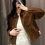Brown Suede-Look Cropped Jacket - Leah Partow