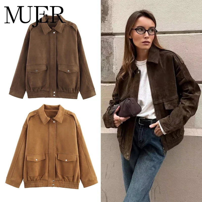 Suede-Like Utility Bomber Jacket - Leah Partow