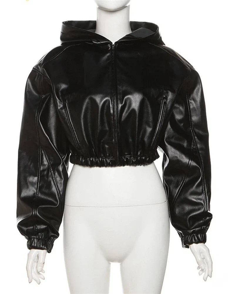Hooded PU Leather Bomber Jacket - Leah Partow