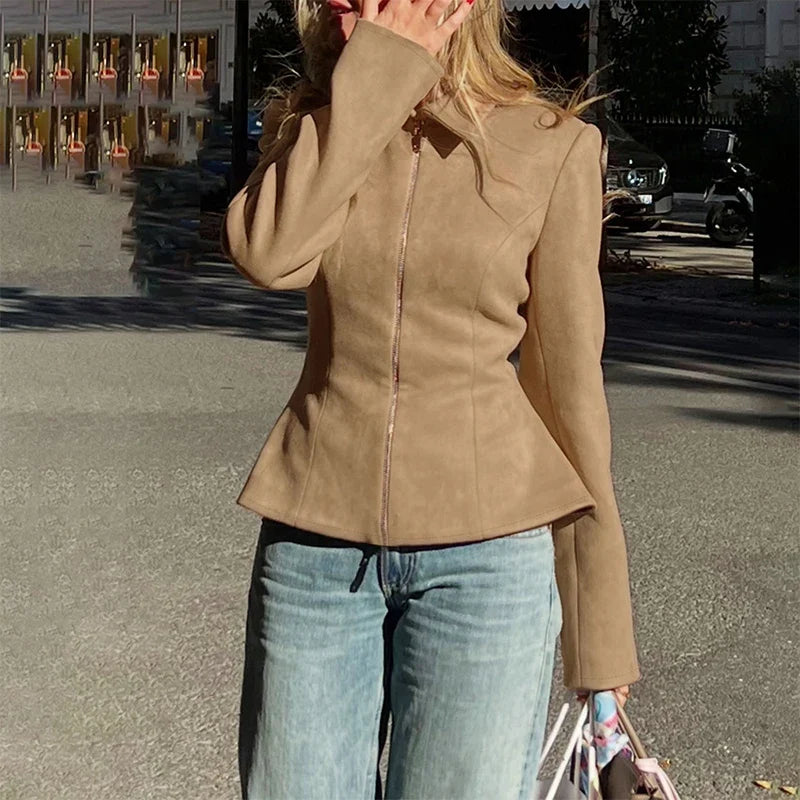 Camel Suede-Like Peplum Zip Jacket - Leah Partow