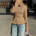 Camel Suede-Like Peplum Zip Jacket - Leah Partow