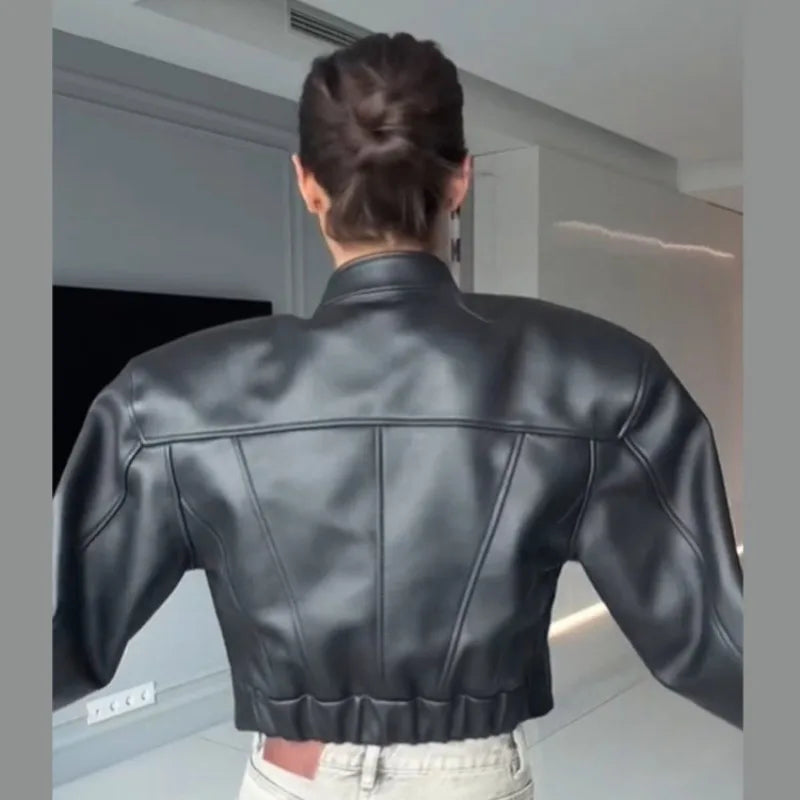 Cropped Leather-Look Bomber Jacket - Leah Partow
