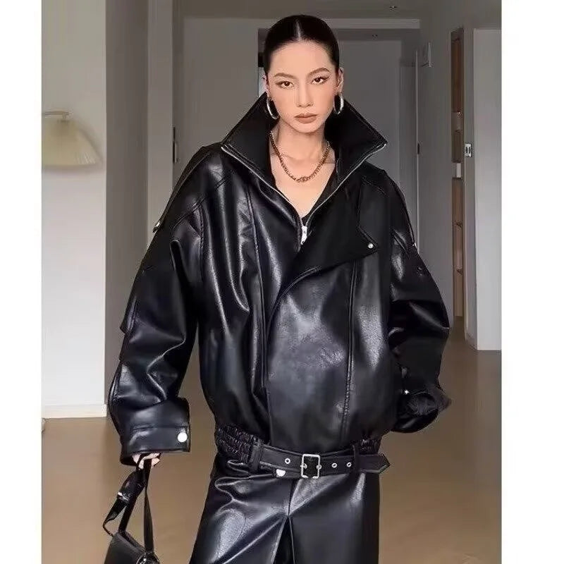 Oversized Faux Leather Biker Jacket - Leah Partow
