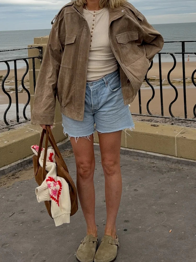 Retro Suede-Like Cropped Zip Jacket - Leah Partow