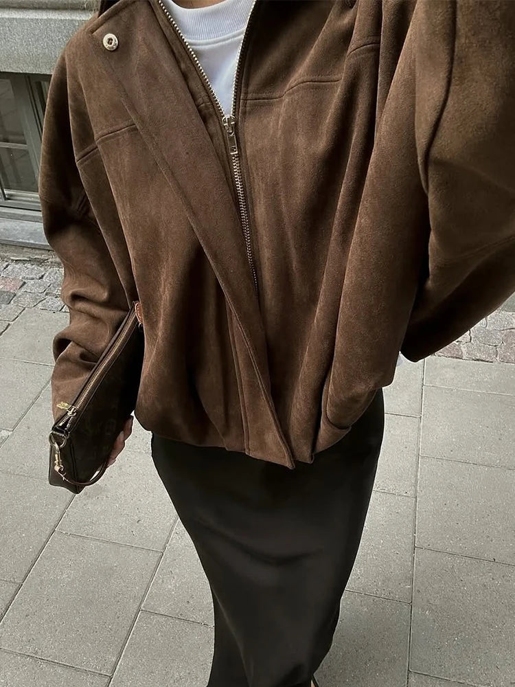 Suede-Like Cropped Bomber Jacket - Leah Partow
