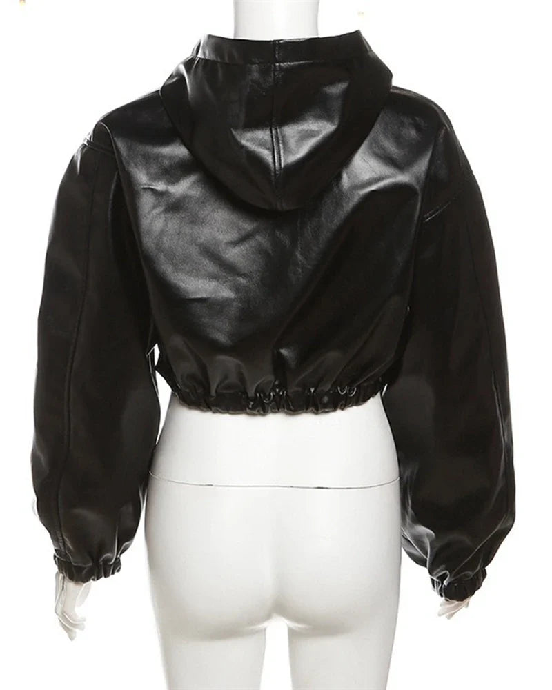 Hooded PU Leather Bomber Jacket - Leah Partow