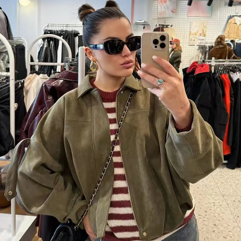 Cropped Suede-Like Bomber Jacket - Leah Partow