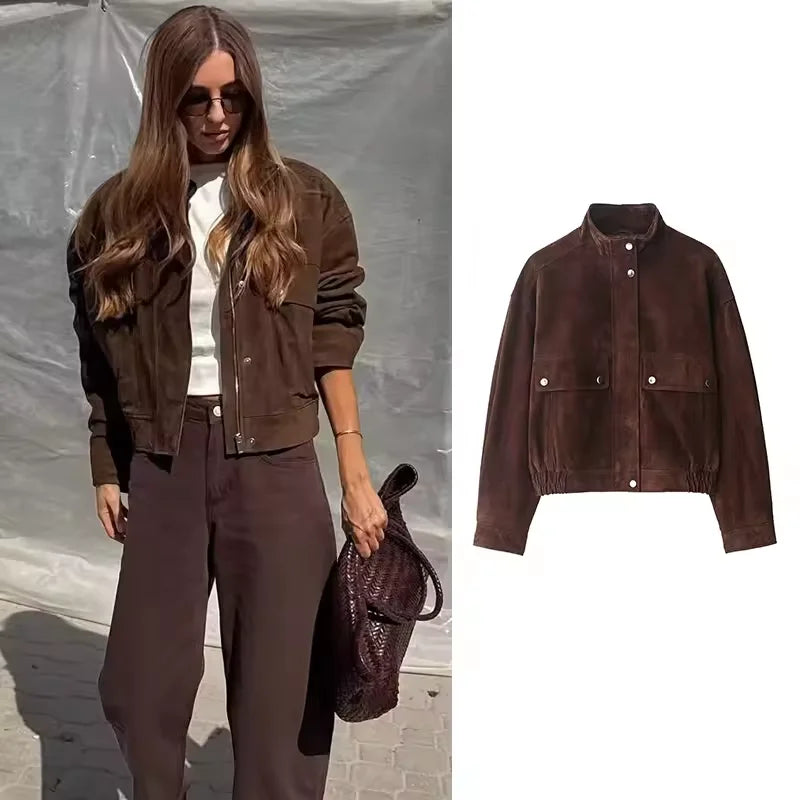 Brown Suede-Like Utility Jacket - Leah Partow
