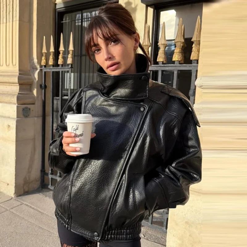 Cropped Leather-Look Bomber Jacket - Leah Partow