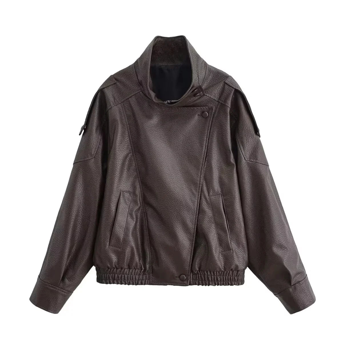 Faux Leather Stand Collar Cropped Bomber Jacket - Leah Partow