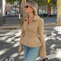 Camel Suede-Like Peplum Zip Jacket - Leah Partow