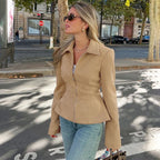 Camel Suede-Like Peplum Zip Jacket - Leah Partow